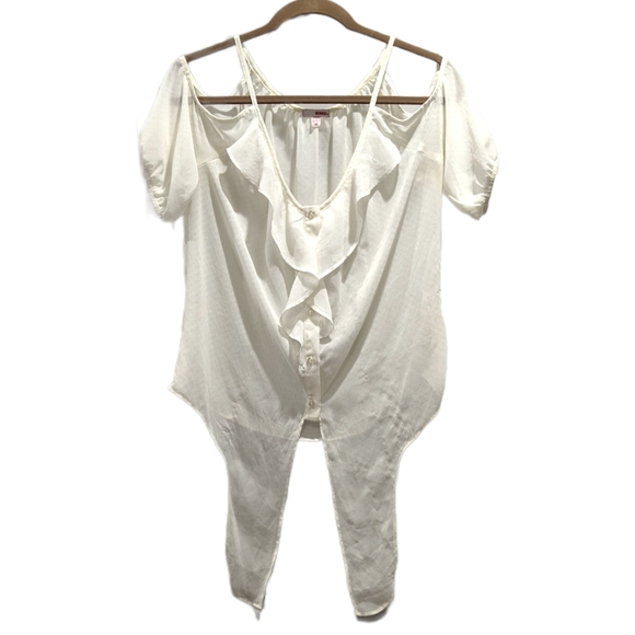 BONGO Front Tie Cold Shoulder Button Top - Picture 4 of 12